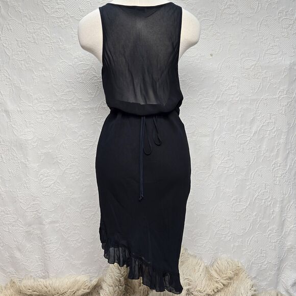 Sexy Sheer Little Black Dress Emily D Small Low Cowl Asymmetric Ruffle Skirt Tie - Picture 4 of 15